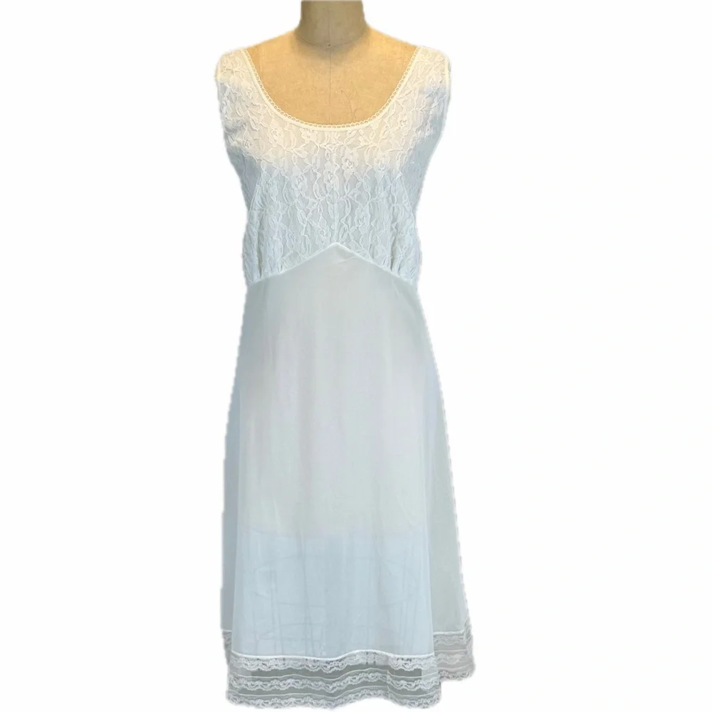 VINTAGE 70s white lace full dress slip nightgown lingerie layer midi plus‎ size - Picture 3 of 13